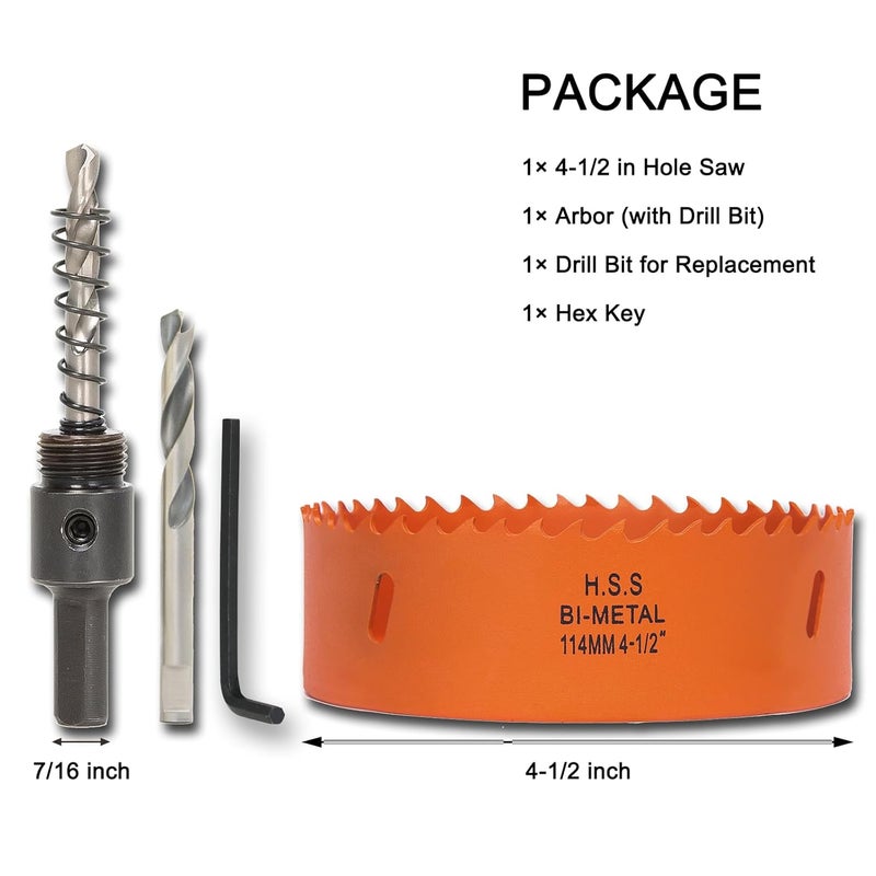 VIKITON 4.5 inch Hole Saw with Arbor for Metal Wood Plastic, 4-1/2 in Bimetal Hole Cutter for Different Project with Smooth and Flat Drilling Edge, Fast Chip Removal - Image 2